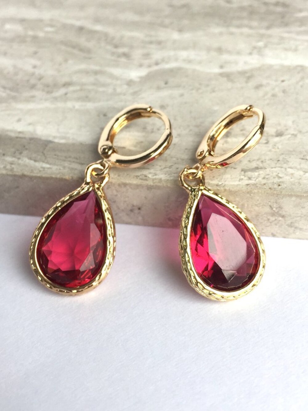 Cranberry red Crystal drop Gold Huggie Earrings